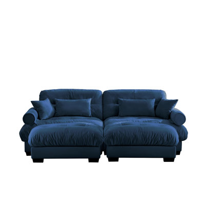 Navy Blue Velvet 2-Seater Sectional Sofa with Ottoman, Cloud Comfort Couch with Bolster Armrests