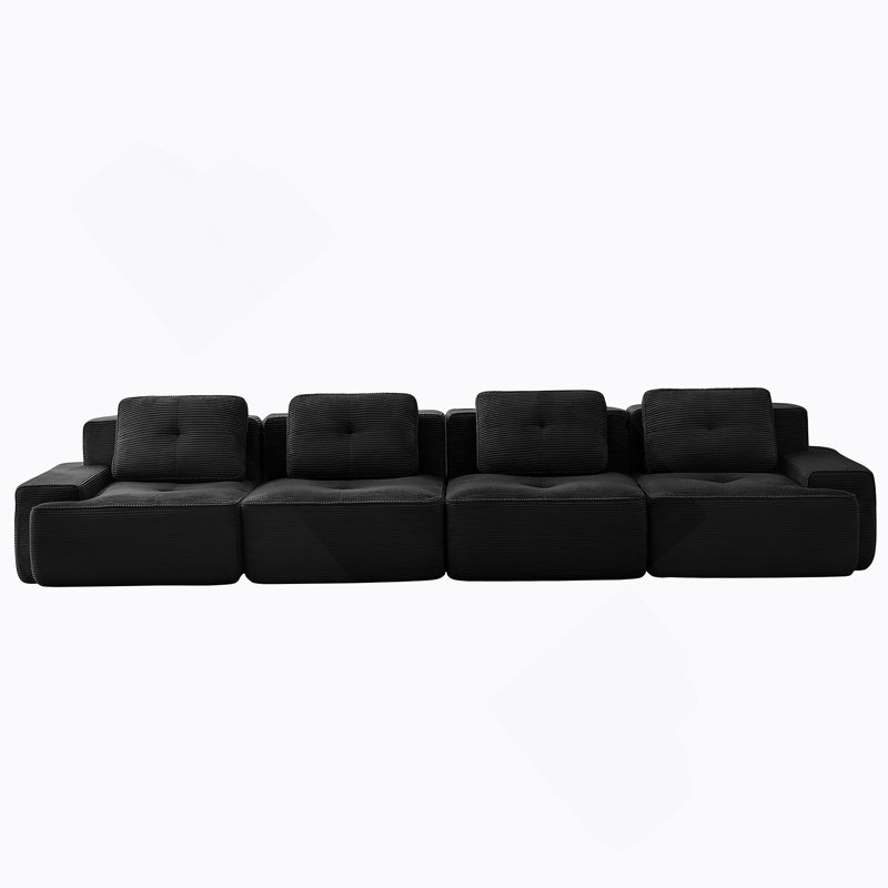 Canapé modulaire moderne en forme de U avec tissu en velours côtelé, assise profonde et repose-pieds mobile, Noir