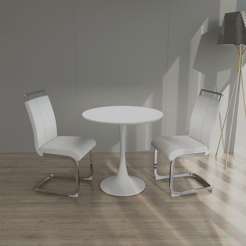Table de salle à manger 31,5 "en noyer circulaire, table de salle à manger, table de salle à manger pour la cuisine, plateau et base en panneau de fibres à densité moyenne et ensemble de 2 chaises de salle à manger en métal noir
