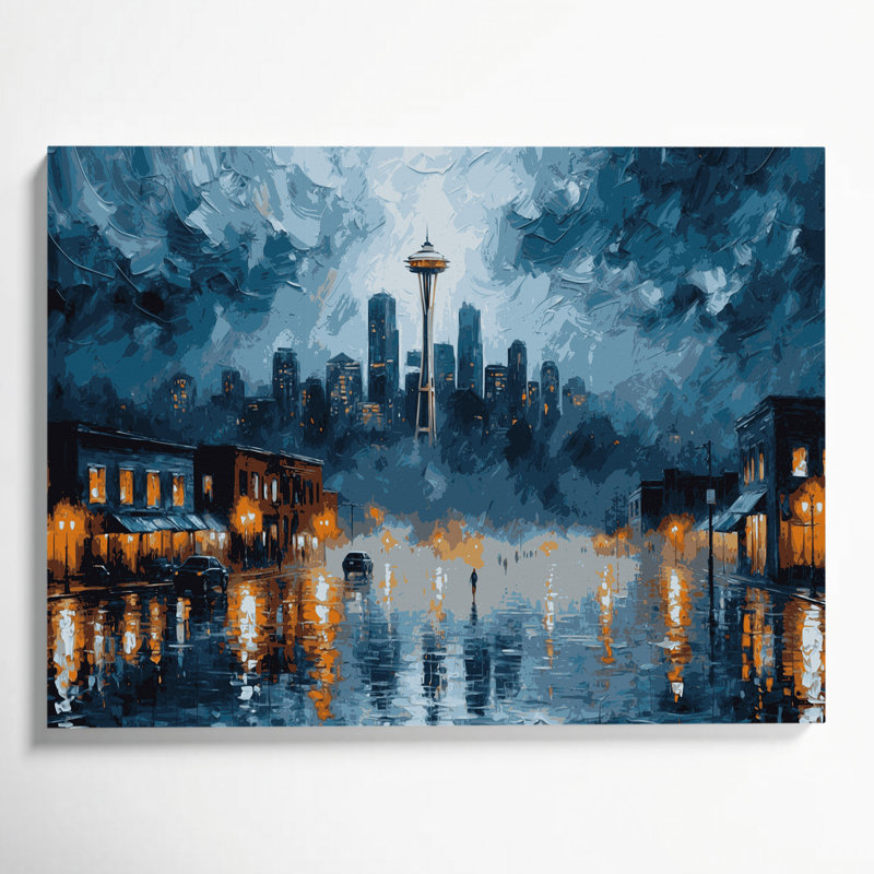 Art mural sur toile bleu avec villes Seattle, H 8 po x l 10 po