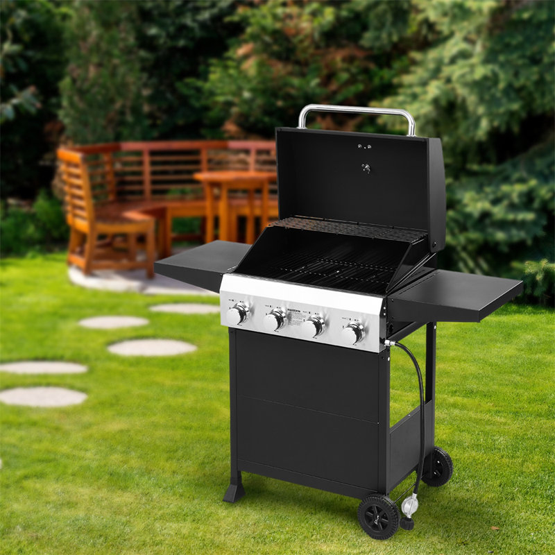 Barbecue au propane à 4 brûleurs noir avec tables d'appoint pliables et roues portatives pour la cuisson en plein air