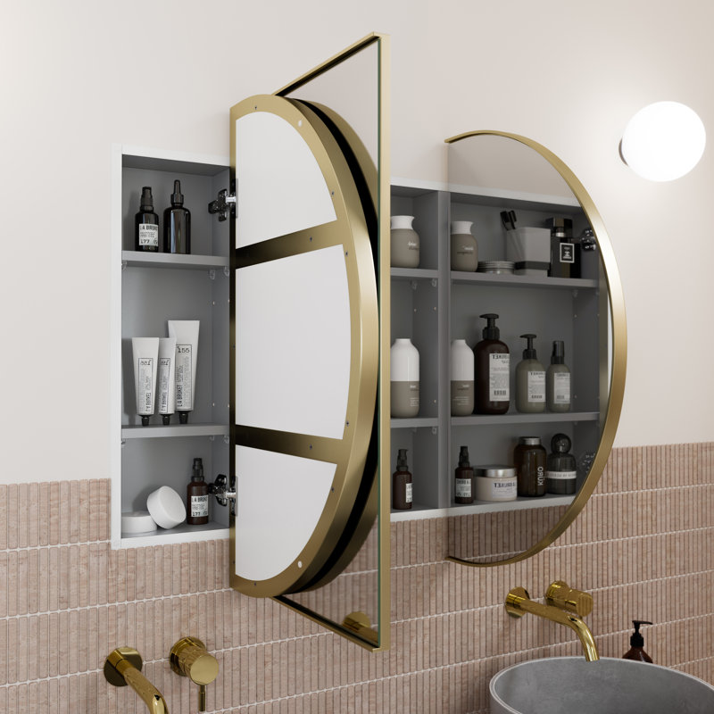 Recessed Framed 2 of Doors Medicine Cabinet with Adjustable Shelves, Satin Brass