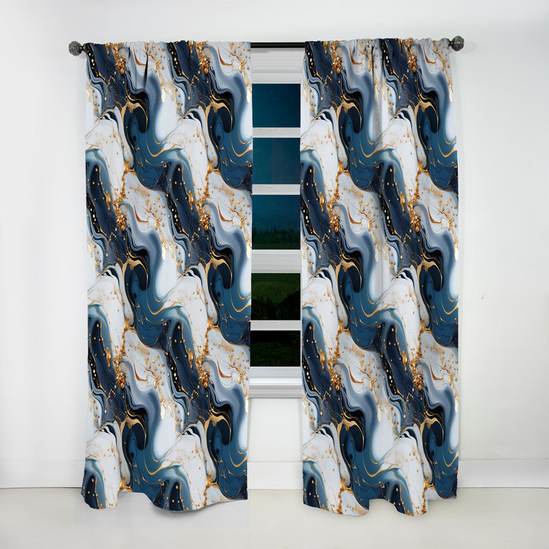 Gold Veins And Blue Marble Pattern II - Glam Curtain - Velvet Room Darkening - 1 Panel, 52" W x 90" L