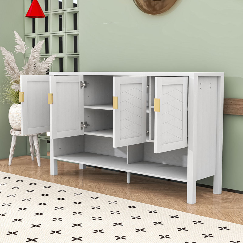 Buffet de rangement à 4 portes, tablettes réglables, tablette ouverte et crochets à double face, Blanc