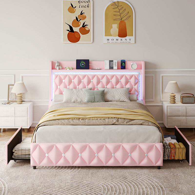 Floating Full Bed Frame With LED Light, Upholstered PU Leather Platform Full Bed With Charging Station & Wingback, Diamond Tufted Storage Headboard & Footboard, No Box Spring Needed