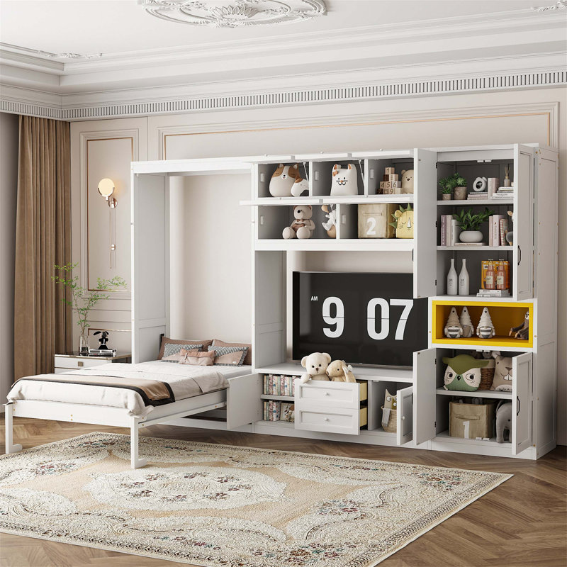 Lit escamotable simple avec cainets de rangement, tablettes, meuble télé et centre de divertissement, Blanc