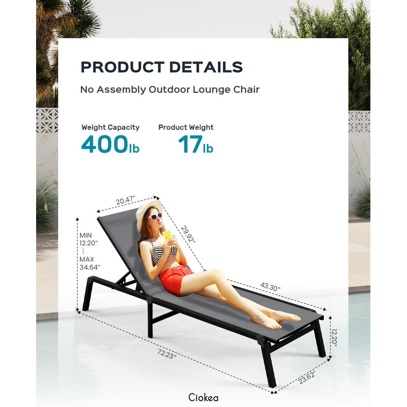 Outdoor Aluminum Lounge Chair - Foldable, Assembly-Free, with 5 Adjustable Backrests, Gray