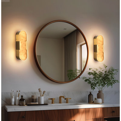 Set of 2 Modern Natural Alabaster Integrated LED Linear Sconces, Copper