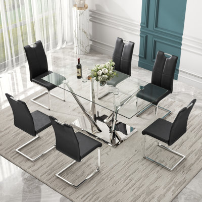 Ensemble de salle à manger rectangulaire à piédestal en verre trempé