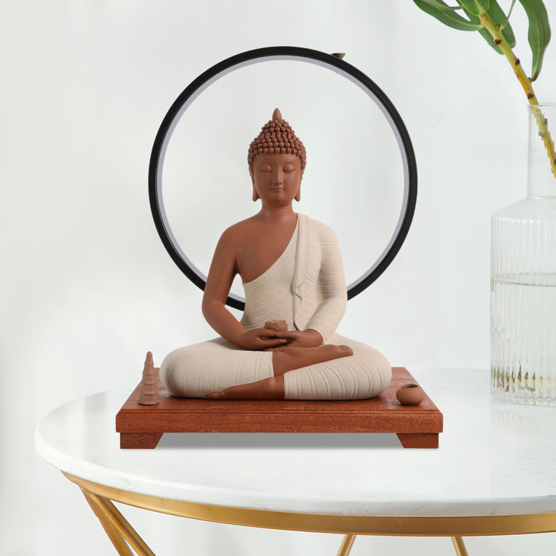 Statue de Bouddha en céramique et lampe de table circulaire à DEL pour la décoration intérieure, Brown/Grey