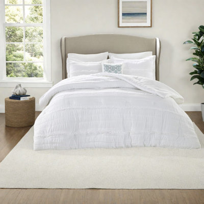 Elegant White Cal King Bedding Sets, Microfiber Comforter With Ruffle Design
