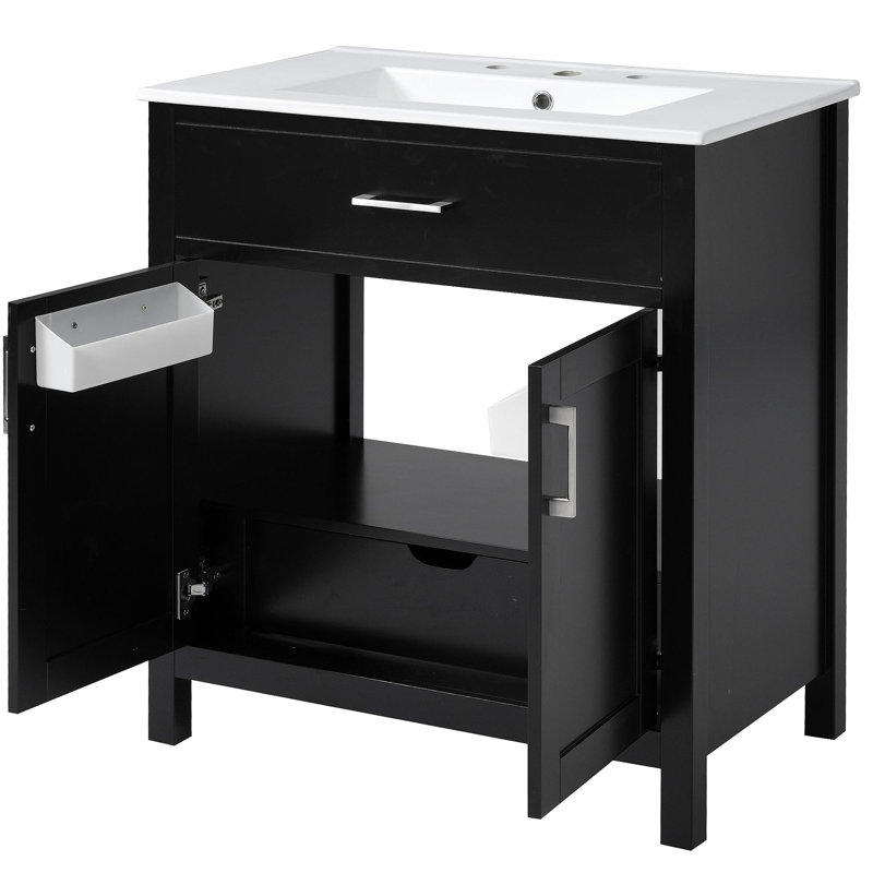 Meuble-lavabo de 30 pouces avec lavabo en céramique et beaucoup de rangement - le choix pour les petites salles de bain, Noir