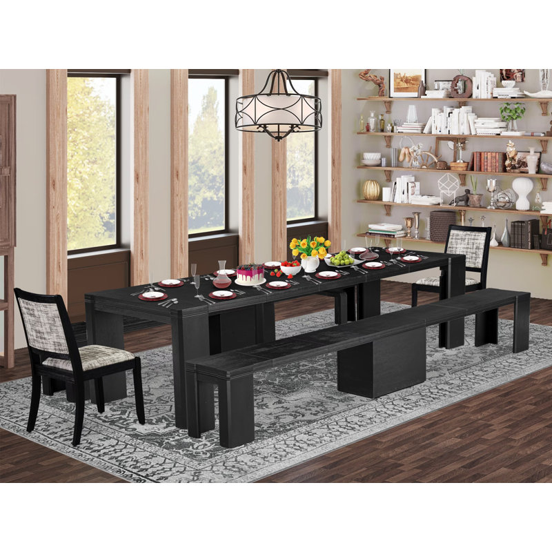 5-pc Dining Room Table Set a Rectangular Kitchen Table and 2 Benches and 2 Wire Brushed Black Polyester Stackable Chairs, Wire Brushed Black