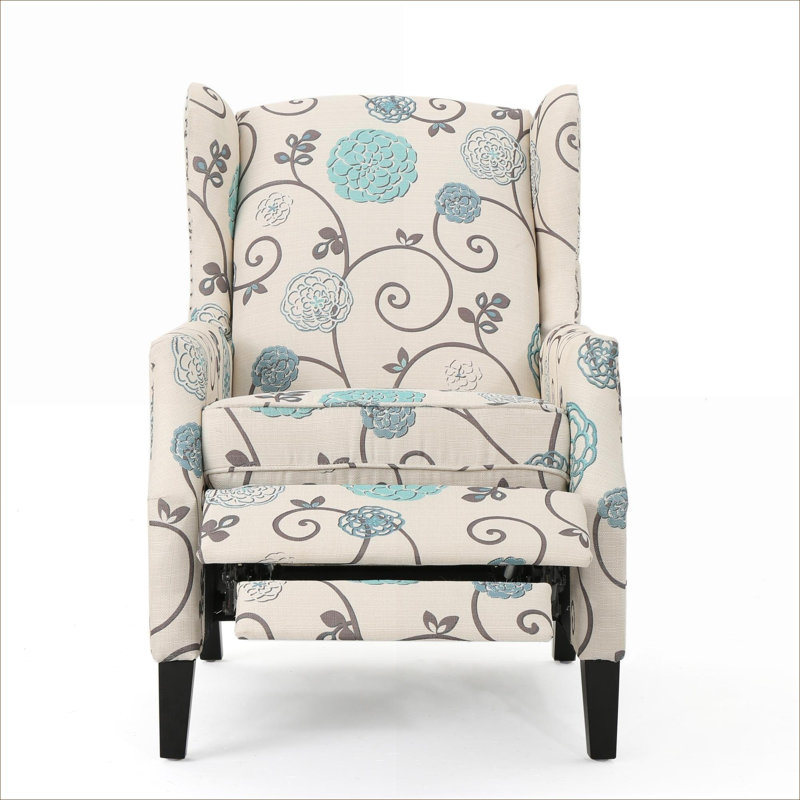 Single Seating Pushback Recliner  Classic Living Room Soft White Fabric Wingback Recliner with Nailhead Trim