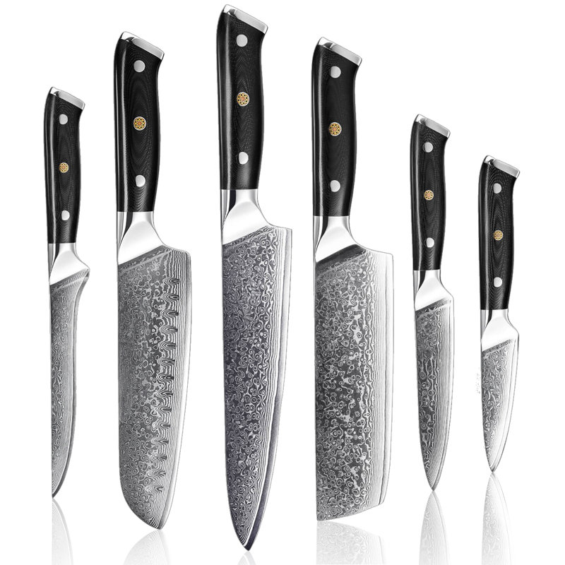 Ensemble de couteaux de cuisine japonais en acier Damas Senken Knives - Collection Shogun - Ensemble de couteaux de chef de qualité professionnelle - Lames en acier Damas VG10 avec poignées corps entier G10