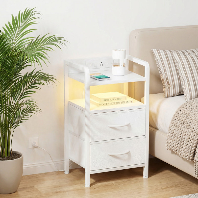 Table de bout de patio moderne en fer avec 2 tiroirs en tissu et 3 tablettes pour petit appartement, White