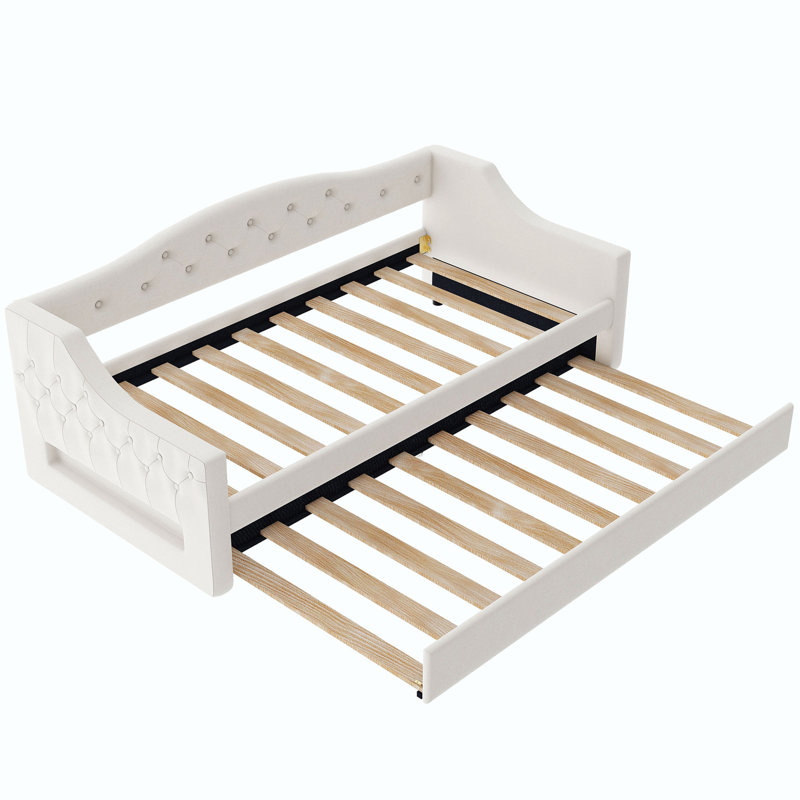 Upholstered Daybed With LED and Trundle, Beige