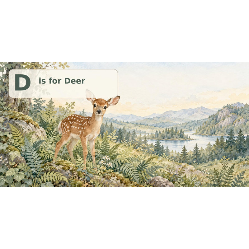 D is for Deer Wallpaper Mural, Peel and Stick Kids Room Wall Mural, Watercolor Animal Alphabet Nursery Wallpaper