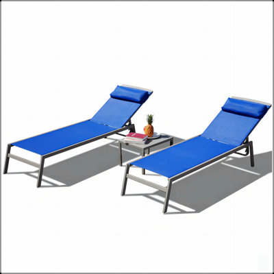 Patio Chaise Lounge Set, 3 Pieces With Adjustable Aluminum Backrest For Poolside Relaxation And Durability