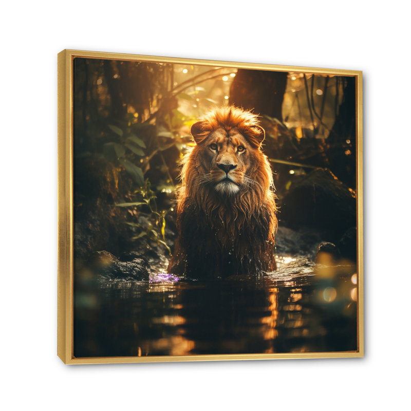 Double exposition lion dans la jungle I - impression, Cadre flottant doré, H 16 po x l 16 po x P 1 po