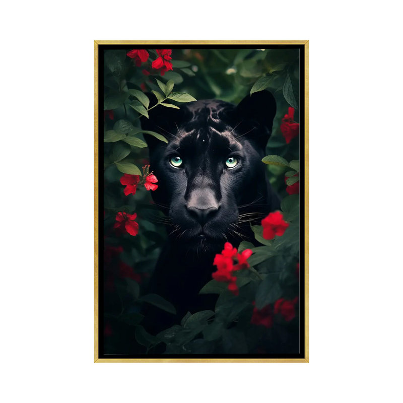Black Panther Flowers - reproduction d'art murale encadrée, Reproduction encadrée sans passe-partout, H 26 po x l 18 po, Doré