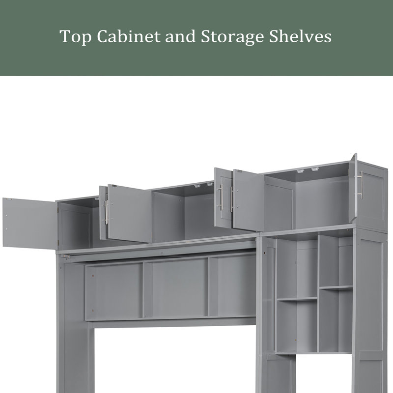 Lit escamotable mural avec bureau, armoire supérieure et tablettes de rangement, lit pliable peu encombrant, Gris, Grand