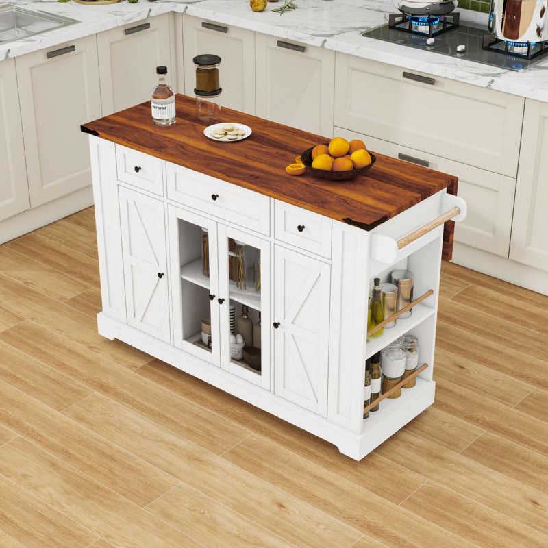 Kitchen Island with Drop Leaf, 3 Drawers, 5 Open Side Racks, Charging Station and Cabinet, White