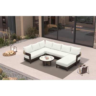  Ensemble de mobilier de patio avec lit de jour à accoudoir gauche et table Ensemble de conversation modulaire d'extérieur en aluminium de 7 pièces avec coussins et coussins amovibles épais de 7,8 po pour jardin