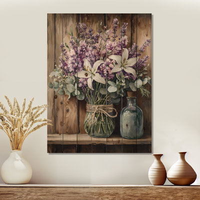 Lavender And Rosemary Bouquet At The Farm I - Assorted Bouquets Wood Print - On Natural Pine Wood