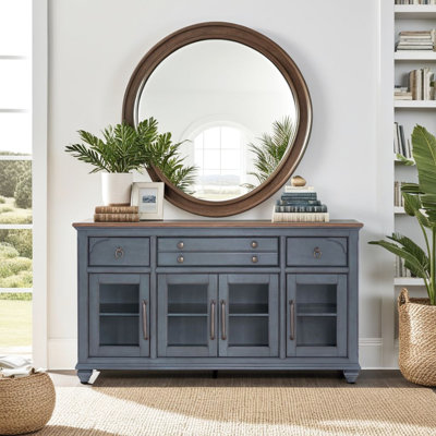 Buffet Server Cabinet With Three Drawers, Four Framed Glass Doors, Shelves, Corduroy Blue Finish, Antique Hardware, No Assembly, Made Of Rubber Solids Cabinet, For Tvs Up To 75 Inches