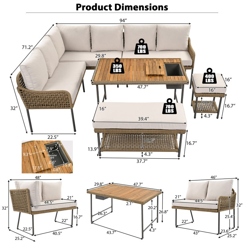 Ensemble de conversation modulaire en rotin 6 pièces avec ensemble de salle à manger, Brun, Blanc