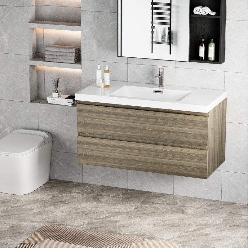 Meuble-lavabo 42 po, finition gris cendre. Lavabo en résine, 2 tiroirs. Meuble-lavabo pratique, gris. Comptoir, tiroir élégant