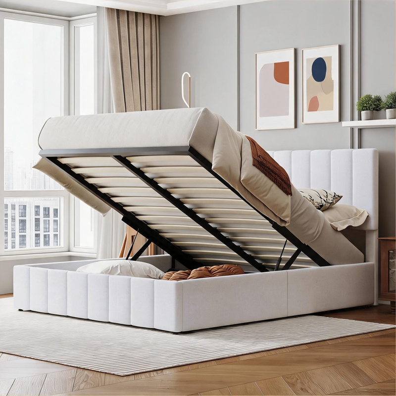 Grand lit plateforme tapissier en bois massif blanc grand format, rangement hydraulique de style contemporain pour les chambres à coucher