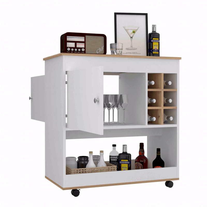 Chariot-bar, panneau inférieur, six casiers à bouteilles, une armoire