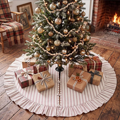 Vintage Red and White Striped Christmas Tree Skirt, Classic Holiday Tree Base Cover, Festive Décor