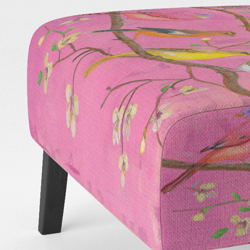 Multi-Color Bird On Tree - Upholstered Farmhouse Accent Slipper Chair, Pink Polyester Blend