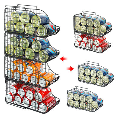 4-Pack Stackable Canned Food Organizer With Handles, Soda Can Organizer, Wire Cabinet Shelf Organizer, Foldable Soda Dispenser, Black