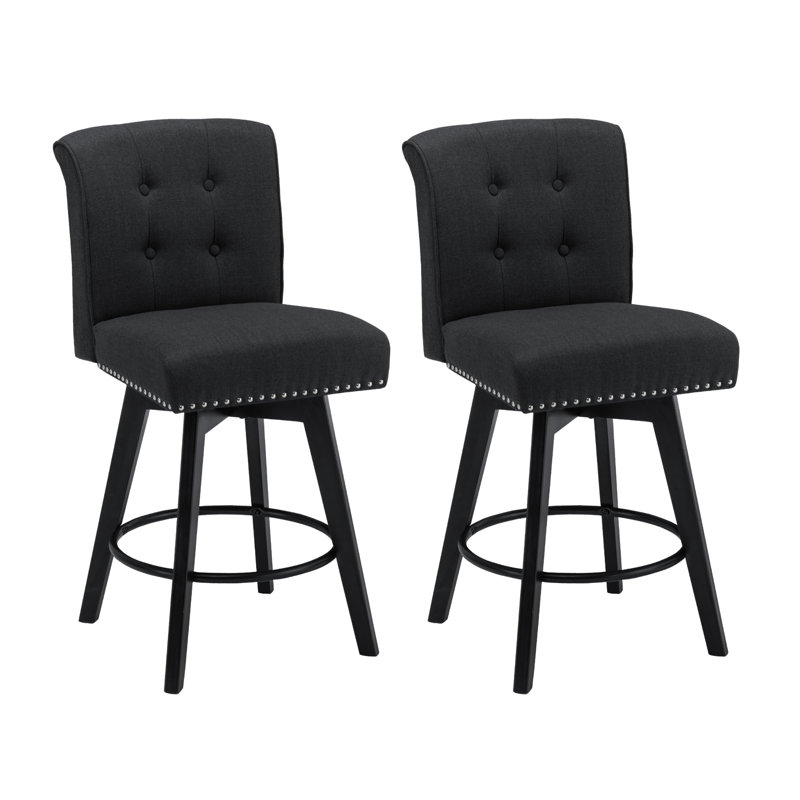 Black Performance Fabric Swivel Counter Stools with Nail Head Trim