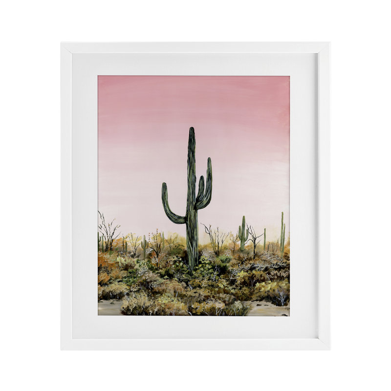 Saguaro Glow Cactus, impression sous verre, conception de Georgie Harrison, H 16 po x l 13 po, Cadre blanc côtier