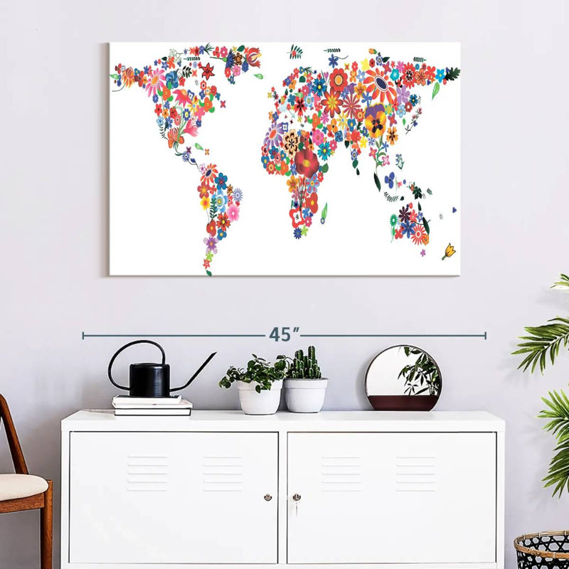 Harnek Flowers World Map, 26" H x 39" W