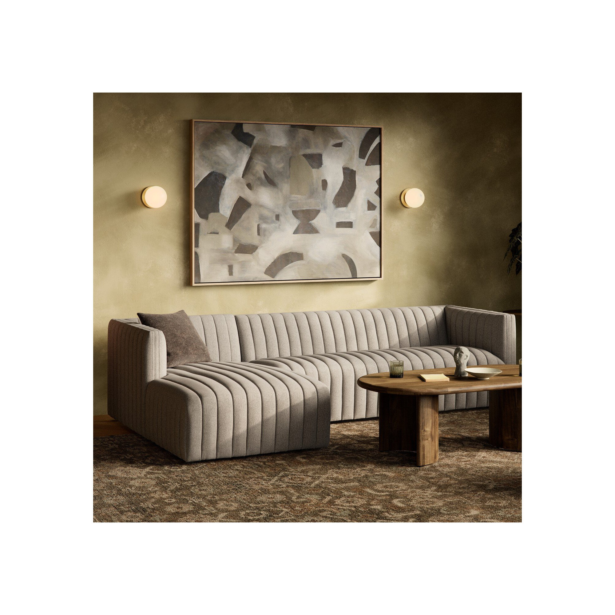 Brandt Upholstered Chaise L-Sectional, 26" H X 126" W X 64" D, Orly Natural Velvet, Left Hand Facing