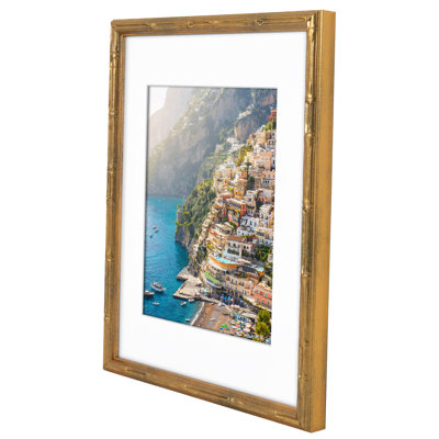 Picture Frame with Mat - Gold Frame - Faux Bamboo Design - Easel Stand and Shatter Resistant Glass