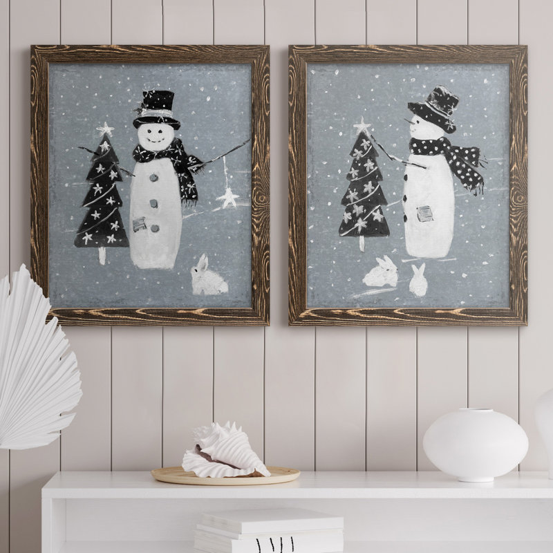 «Snowman Galvanized I», ensemble de 2 reproductions, Toile avec cadre en noyer, Pas de tapis, H 20 po x l 17 po x P 1 po