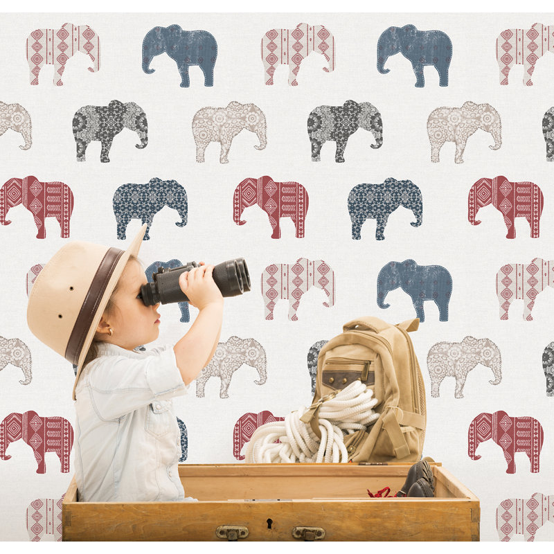 Just 4 Kids 2 Elephants Design 33' L x 21" W Wallpaper Roll, Gray/Beige/White