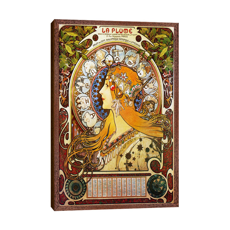 Zodiac (1896) by Alphonse Mucha - Floater Frame Painting on Canvas, Brown Framed, 66.04 cm H x 45.72 cm W
