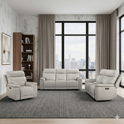 Amaris Modern & Contemporary Top Grain Leather 3-Piece Power Reclining Living Room Sofa Set with Power Headrests and Centre Storage Console