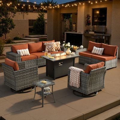 Ensemble de conversation de patio 10 pièces avec chaises berçantes pivotantes Bobia, ensemble de conversation avec foyer extérieur