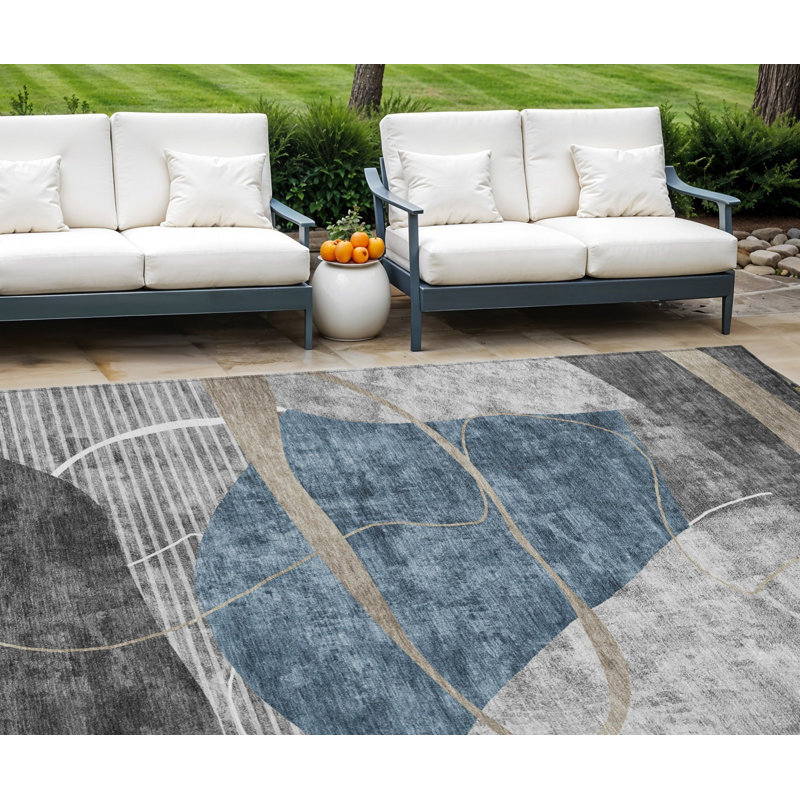 Tapis extérieur lavable abstrait gris et gris anthracite 9 pi x 12 pi