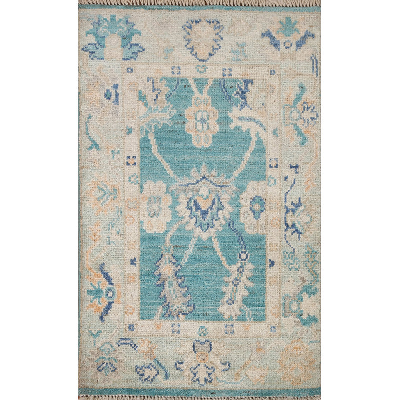 Tapis turc Oushak en laine turquoise noué à la main 2 x 3