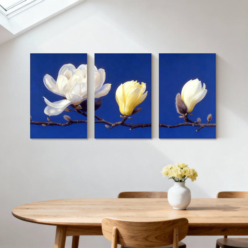 Magnolia blanc, jaune et jaune sur fond bleu, ensemble de 3 impressions sur toile, H 18 po x l 36 po